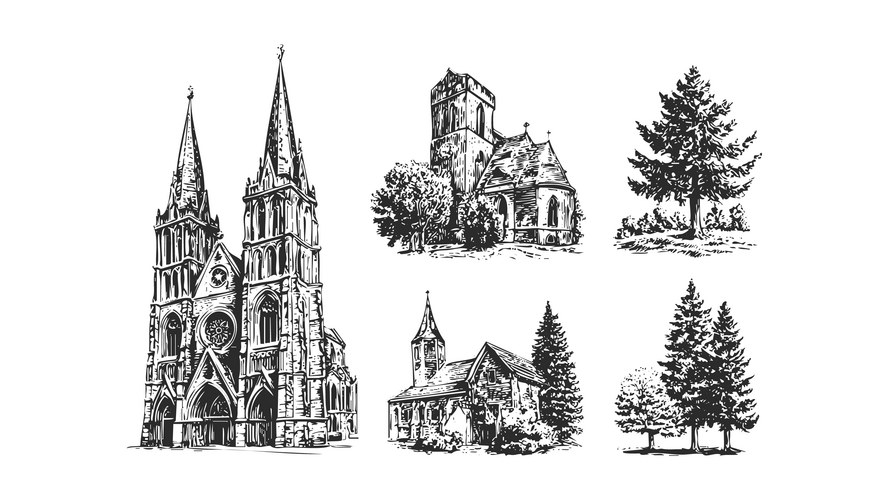 Architectural Ink Sketches - Churches & Trees Vector Image