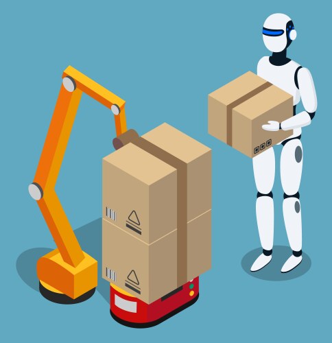 Robot and loading machine at delivery service vector image