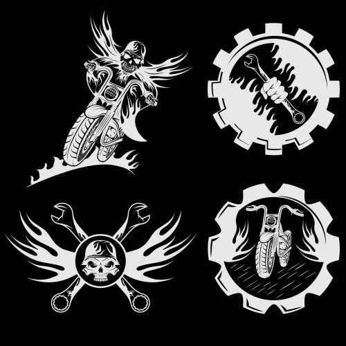 Biker Skull Flames Emblem Set Vector Image
