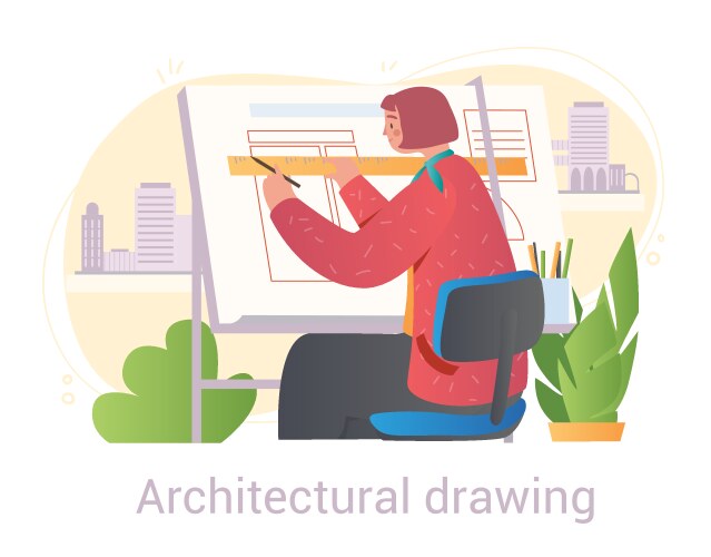 Woman draws blueprint vector image