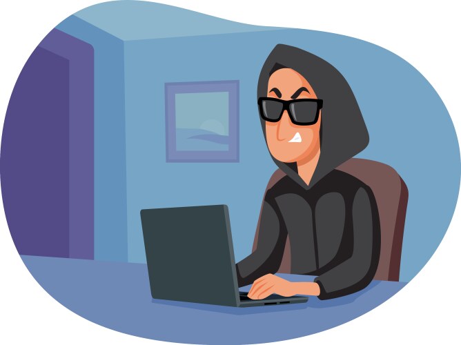 Hacker typing on a laptop scamming people cartoon vector image