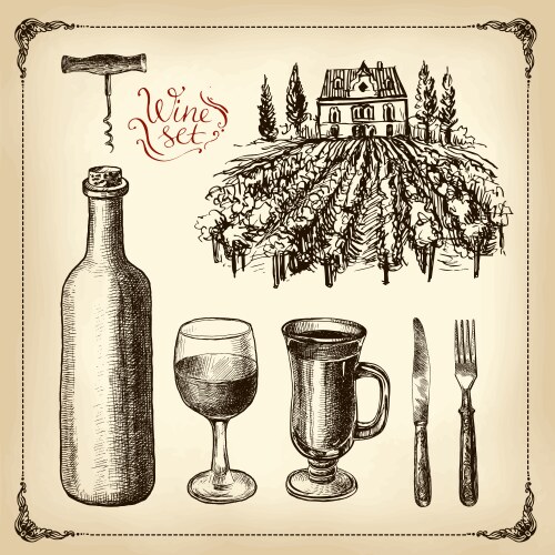 Hand Drawn Wine & Vineyard Collection Vector Image