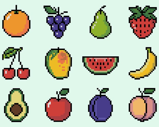 Pixel Fruit Icons Collection Vector Image
