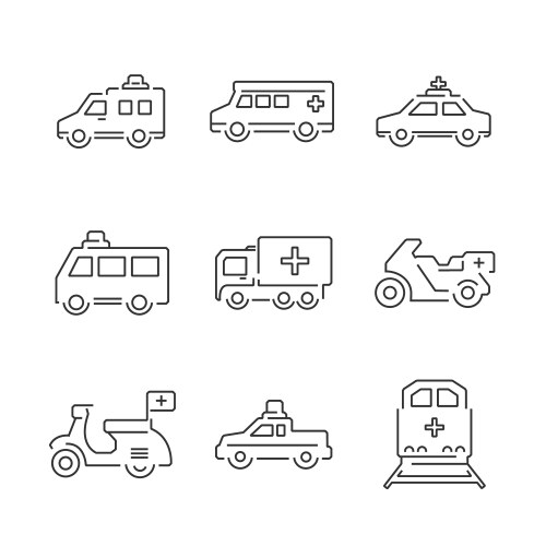 Line icons medical ambulance car and train set ico vector image