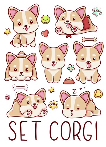 set cute kawaii hand drawn corgi dog doodles vector image