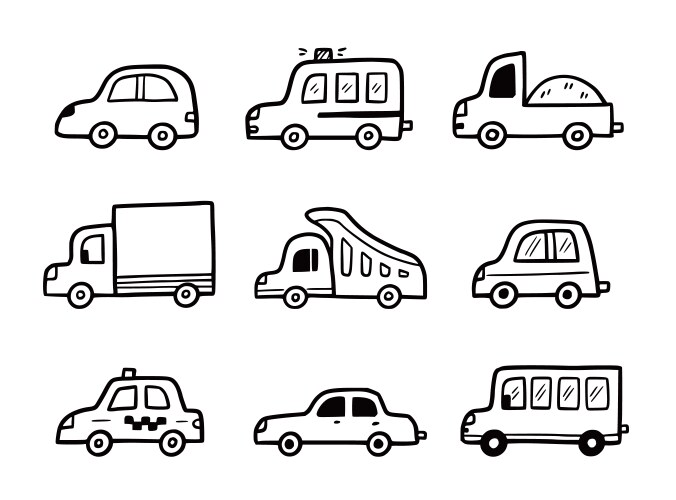 Doodle car set funny sketch vector image