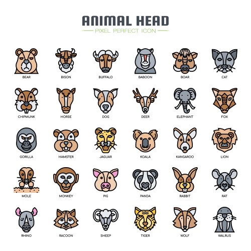 animal head thin line and pixel perfect icons vector