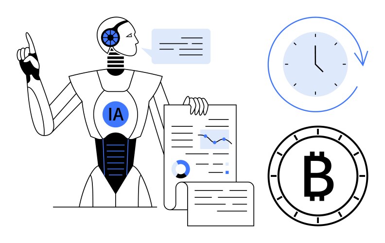 Ai robot presenting data analysis and bitcoin vector image