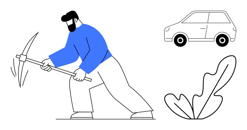 Man with pickaxe car and leaf element in flat vector image