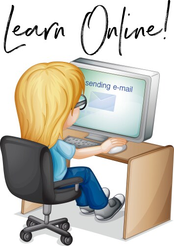 Phrase learn online with girl working on computer vector image