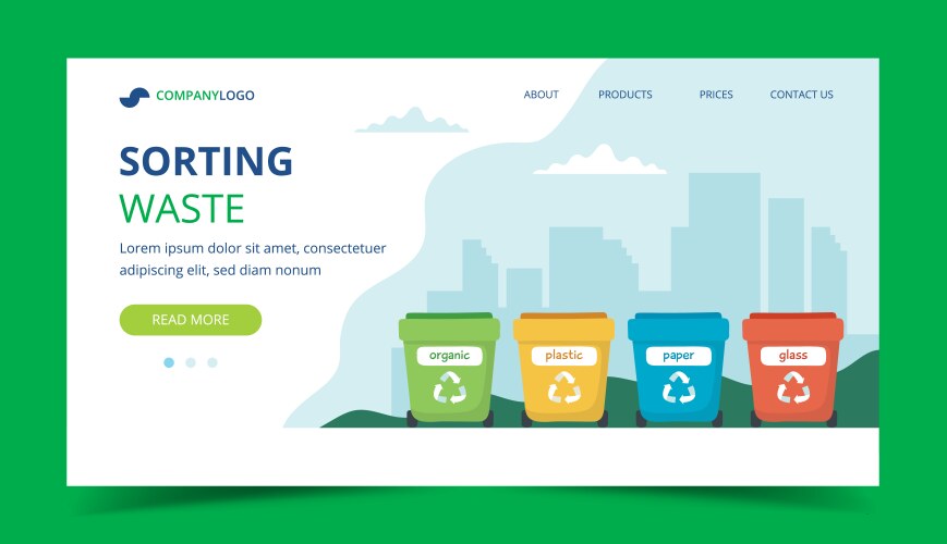 Waste sorting landing page with different colorful vector image