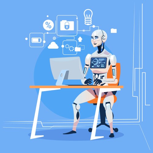 Modern robot working with computer fixing errors vector image