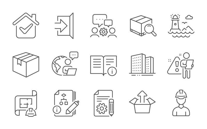 Documentation lighthouse and send box icons set vector image