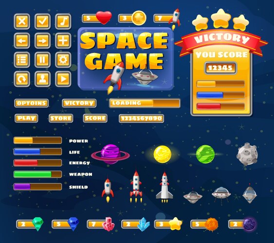 Big set buttons icons elements for space game vektorbild