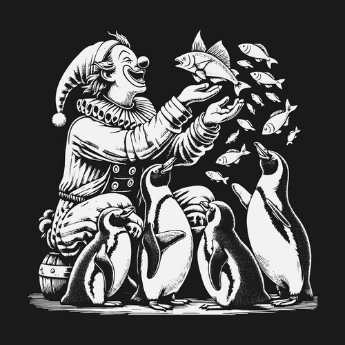 Clown Feeding Penguins with Fish Vector Image