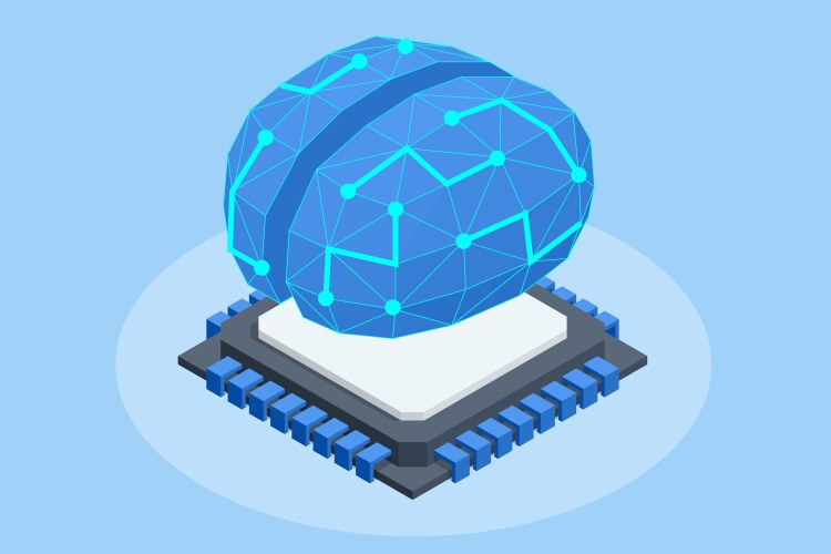 Isometric human brain with micro chip artificial vector image