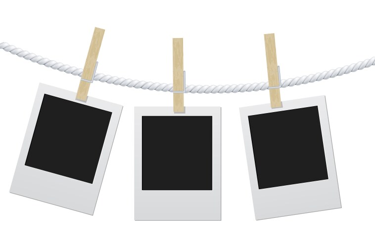 Retro photo frames hanging on rope isolated Vector Image