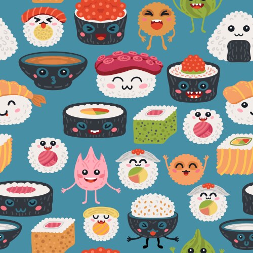 Seamless pattern kawaii rolls and sushi background Vector Image