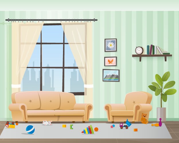 children scattered toys in messy empty living room vector