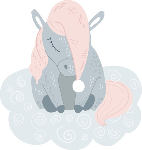 Cute unicorn sleeping at cloud in hat vector image