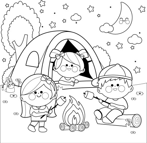 Children Camping at Night, Roasting Marshmallows Vector Image