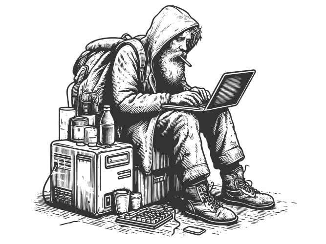 Homeless programmer hacker nomad typing computer vector image