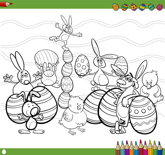 Cartoon chicks in easter eggs coloring page Vector Image
