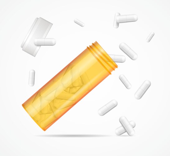 Realistic detailed 3d flying orange pills bottle vector image