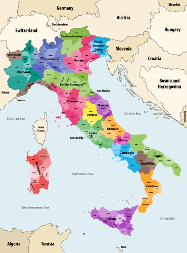 Italy provinces colored by regions map vector image