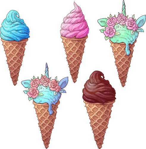 Set colorful ice cream unicorn hand drawing Vector Image