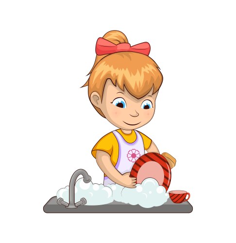 Little girl washing dishes Vector Image