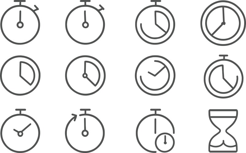 Various clock and timer icons displayed in a grid vector image