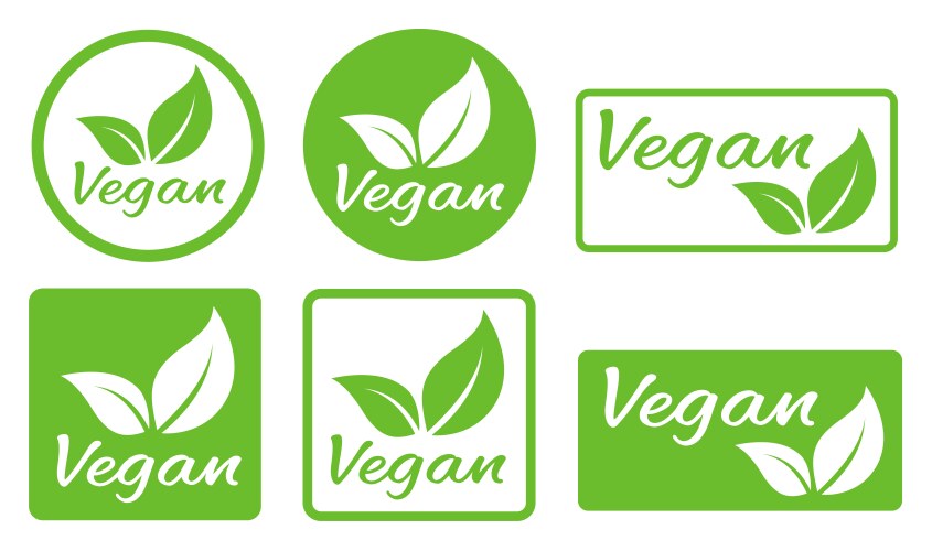 vegan food stamp with green leaves icons vector