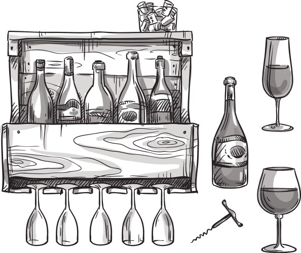 Wine holder bottles and glasses Vector Image