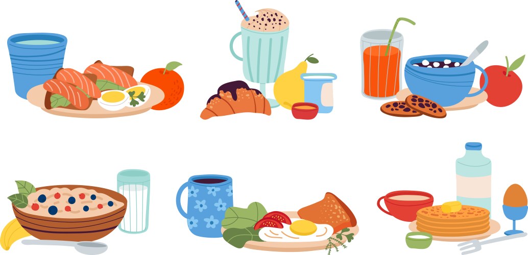 Breakfast meals cartoon morning food types Vector Image