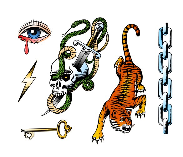 Old school tattoo set snake in the skull dagger Vector Image