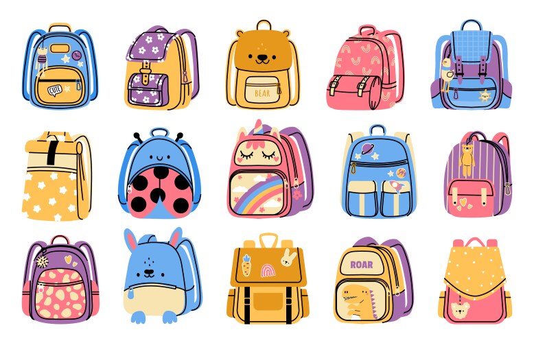 school backpack cartoon colorful kids bag vector