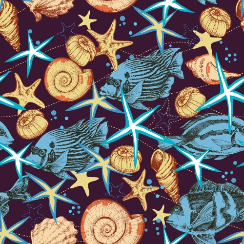 Hand drawn sea life pattern with fish seahorse Vector Image