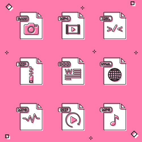 Set raw file document mp4 xsl zip doc html vector image