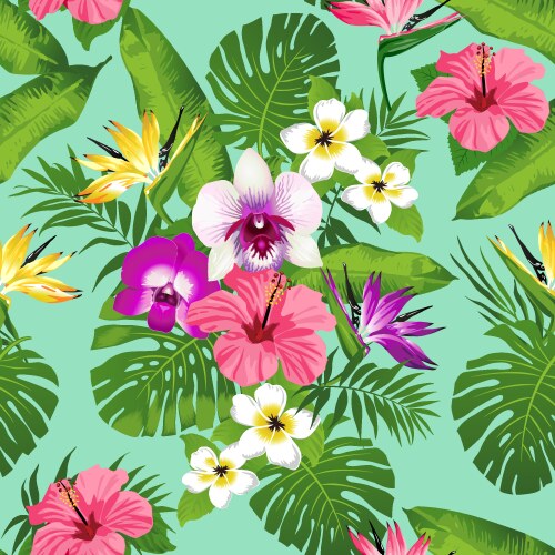 Tropical Flowers and Leaves Pattern Vector Image