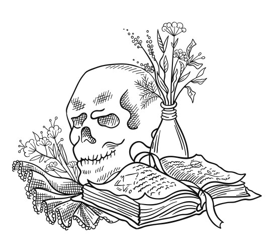 Human skull and a book with spells halloween Vector Image