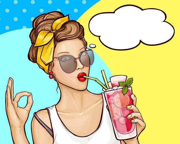 pop art girl drinks cocktail and shows sign ok vector image vector image