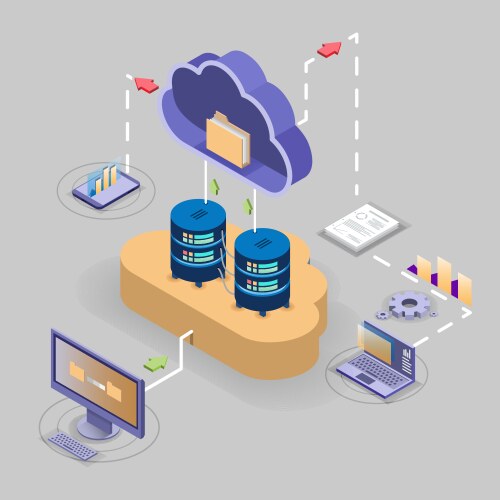 Cloud storage technology flowchart isometric vector image