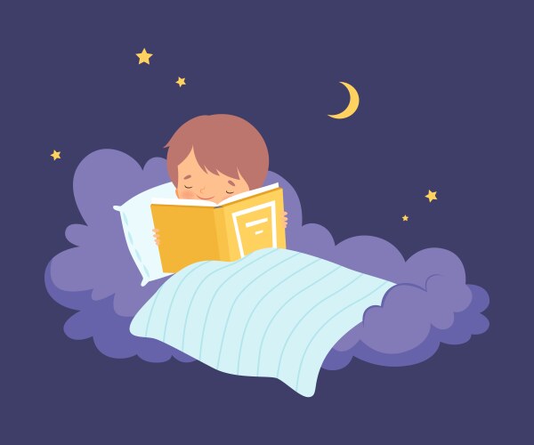 Cute little boy lying on a cloud under blanket Vector Image
