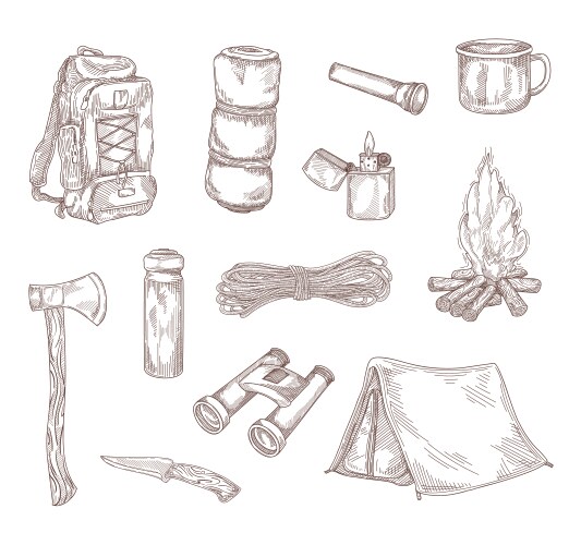 Hiking equipment hand drawing Vector Image