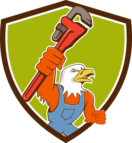 Bald eagle plumber monkey wrench crest cartoon Vector Image