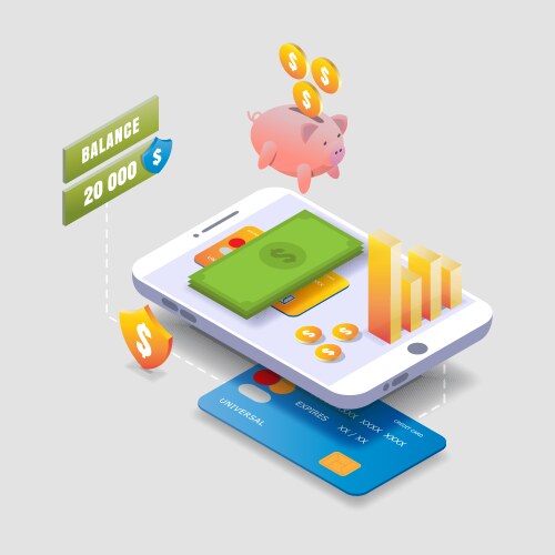 isometric mobile phone piggy bank with dollar vector