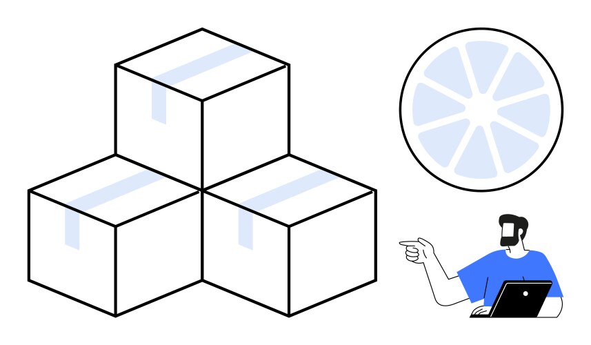 Man pointing at stacked boxes with virtual pie vector image