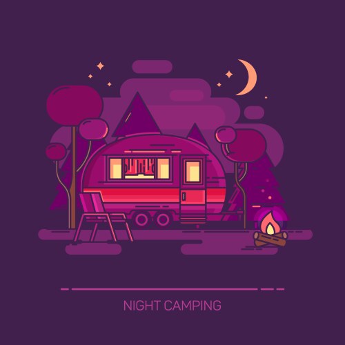 outdoor view on cartoon trailer at night camping vector image