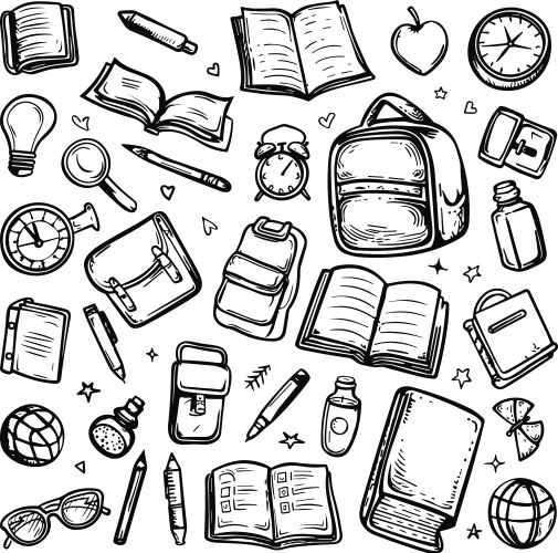 Doodle black and white school elements set Vector Image